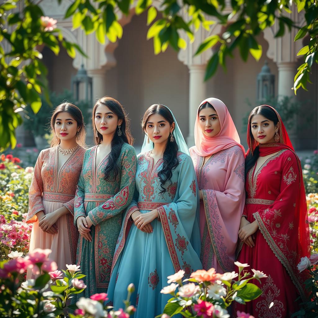 A dreamy and ethereal scene featuring a group of elegant Iranian women dressed in colorful traditional attire, adorned with intricate patterns and elegant accessories
