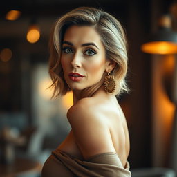 A stunning 50-year-old woman with an astonished expression, facing directly at the camera