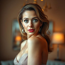 A stunning 50-year-old woman with an astonished expression, facing directly at the camera