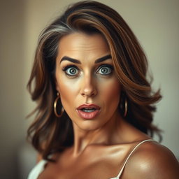A stunning 50-year-old woman with a surprised expression, directly facing the camera