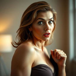 A stunning 50-year-old woman with a surprised expression, directly facing the camera