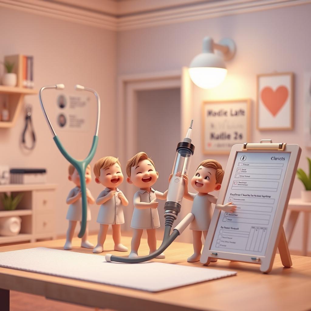 A whimsical 3D realistic scene featuring tiny figures, resembling small people, interacting with oversized medical tools such as a giant stethoscope, an enormous syringe, and a large medical chart