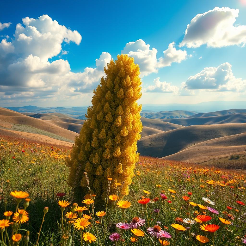A dreamy and enchanting scene featuring the Iranian hubreh (also known as the Persian euphorbia) amidst a picturesque landscape