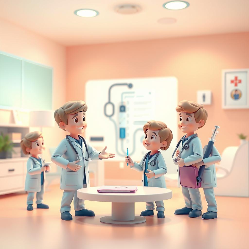 An illustration of a group of tiny doctor figures interacting with oversized medical tools, including a giant stethoscope, syringe, and medical chart, all set in a cozy virtual clinic