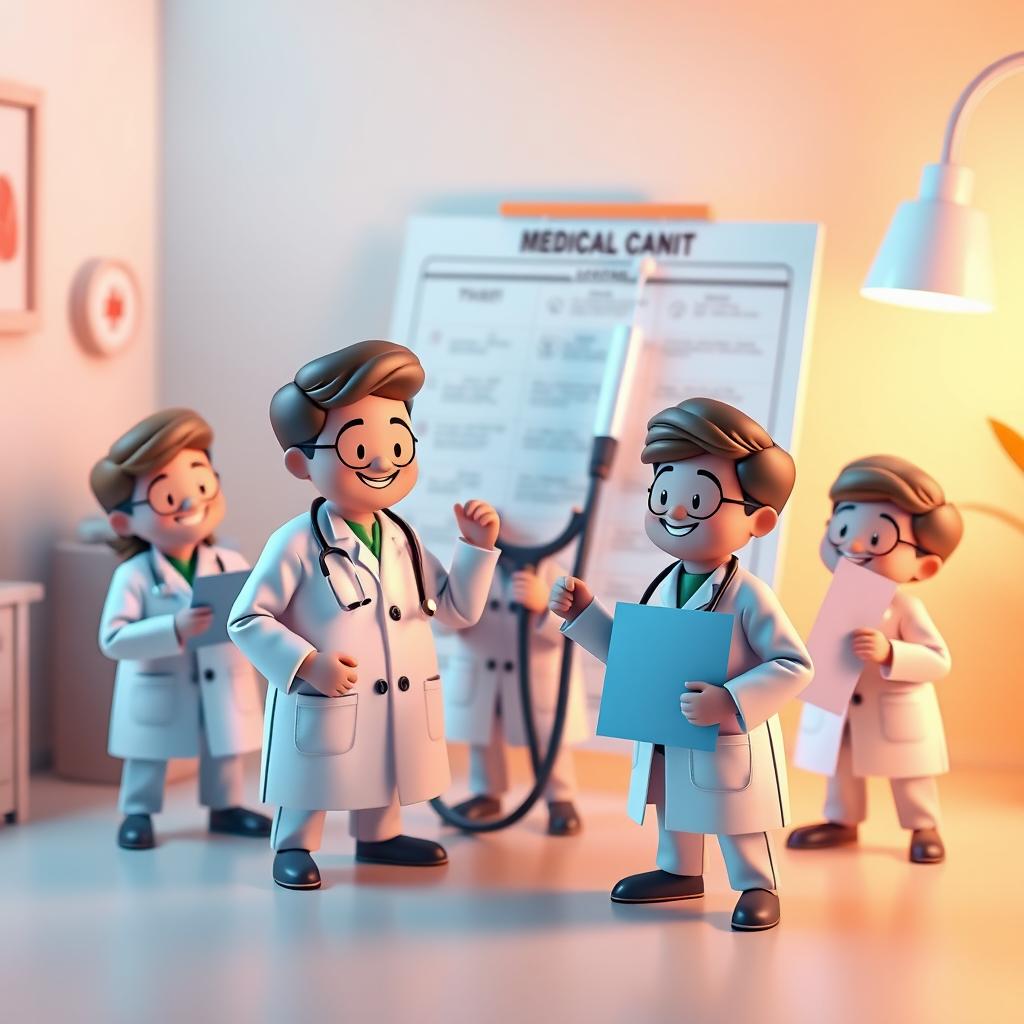 An illustration of a group of tiny doctor figures interacting with oversized medical tools, including a giant stethoscope, syringe, and a large medical chart
