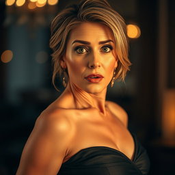 A beautiful 50-year-old woman with a surprised expression, gazing directly at the camera