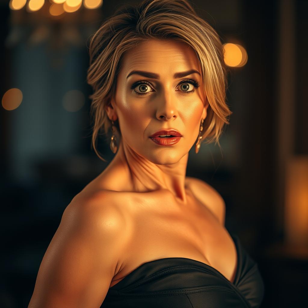 A beautiful 50-year-old woman with a surprised expression, gazing directly at the camera