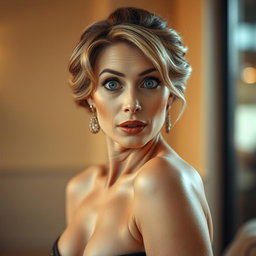 A beautiful 50-year-old woman with a surprised expression, gazing directly at the camera