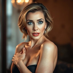 A beautiful 50-year-old woman with a surprised expression, gazing directly at the camera