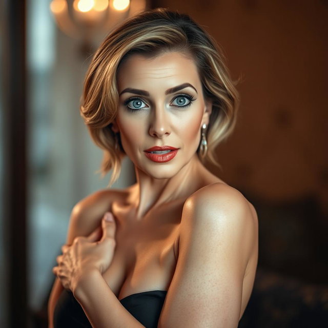 A beautiful 50-year-old woman with a surprised expression, gazing directly at the camera