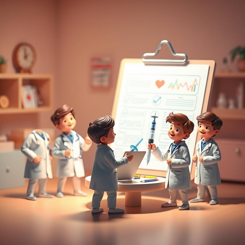 An illustration of a group of tiny doctor figures interacting with oversized medical tools, including a giant stethoscope, syringe, and a large medical chart