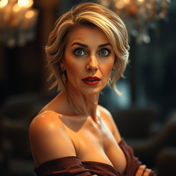 A gorgeous 50-year-old woman with a surprised expression, facing the camera directly