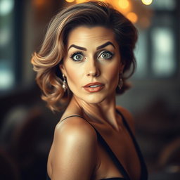 A gorgeous 50-year-old woman with a surprised expression, facing the camera directly