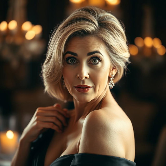 A gorgeous 50-year-old woman with a surprised expression, facing the camera directly