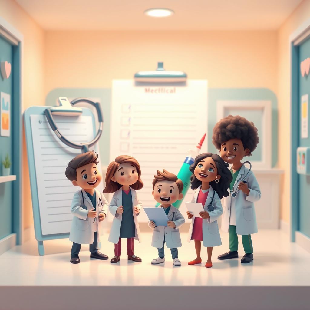 An illustration featuring a group of tiny doctors interacting with oversized medical tools such as a giant stethoscope, syringe, and a large medical chart