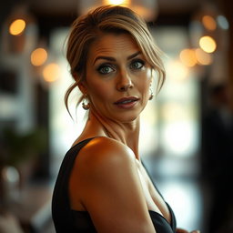 A stunning 50-year-old woman with a surprised expression, facing the camera directly