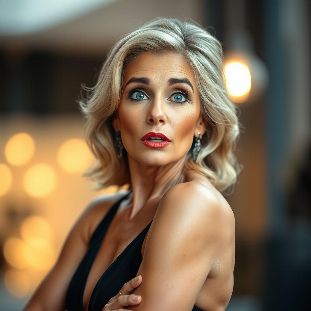 A stunning 50-year-old woman with a surprised expression, facing the camera directly