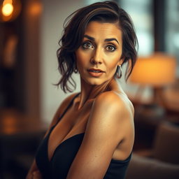 A stunning 50-year-old woman with a surprised expression, facing the camera directly