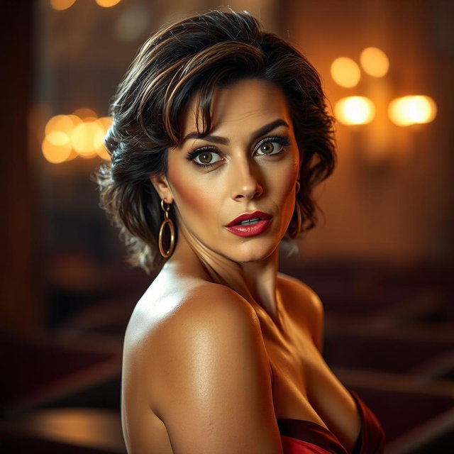 A stunning 50-year-old woman with a surprised expression, looking directly at the camera