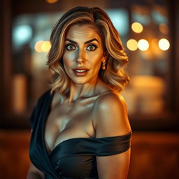 A stunning 50-year-old woman with a surprised expression, looking directly at the camera