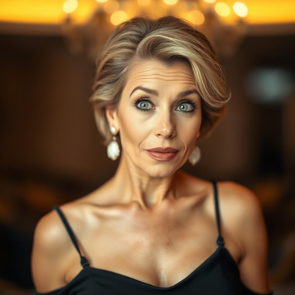 A beautiful 50-year-old woman with a surprised expression, looking directly at the camera
