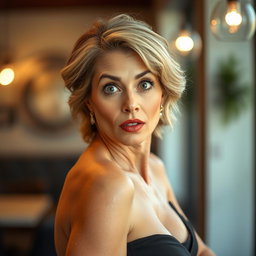 A beautiful 50-year-old woman with a surprised expression, looking directly at the camera