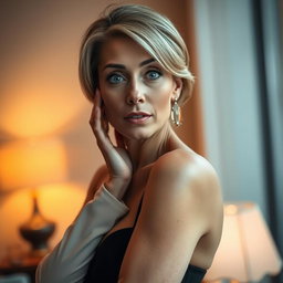 A beautiful 50-year-old woman with a surprised expression, looking directly at the camera