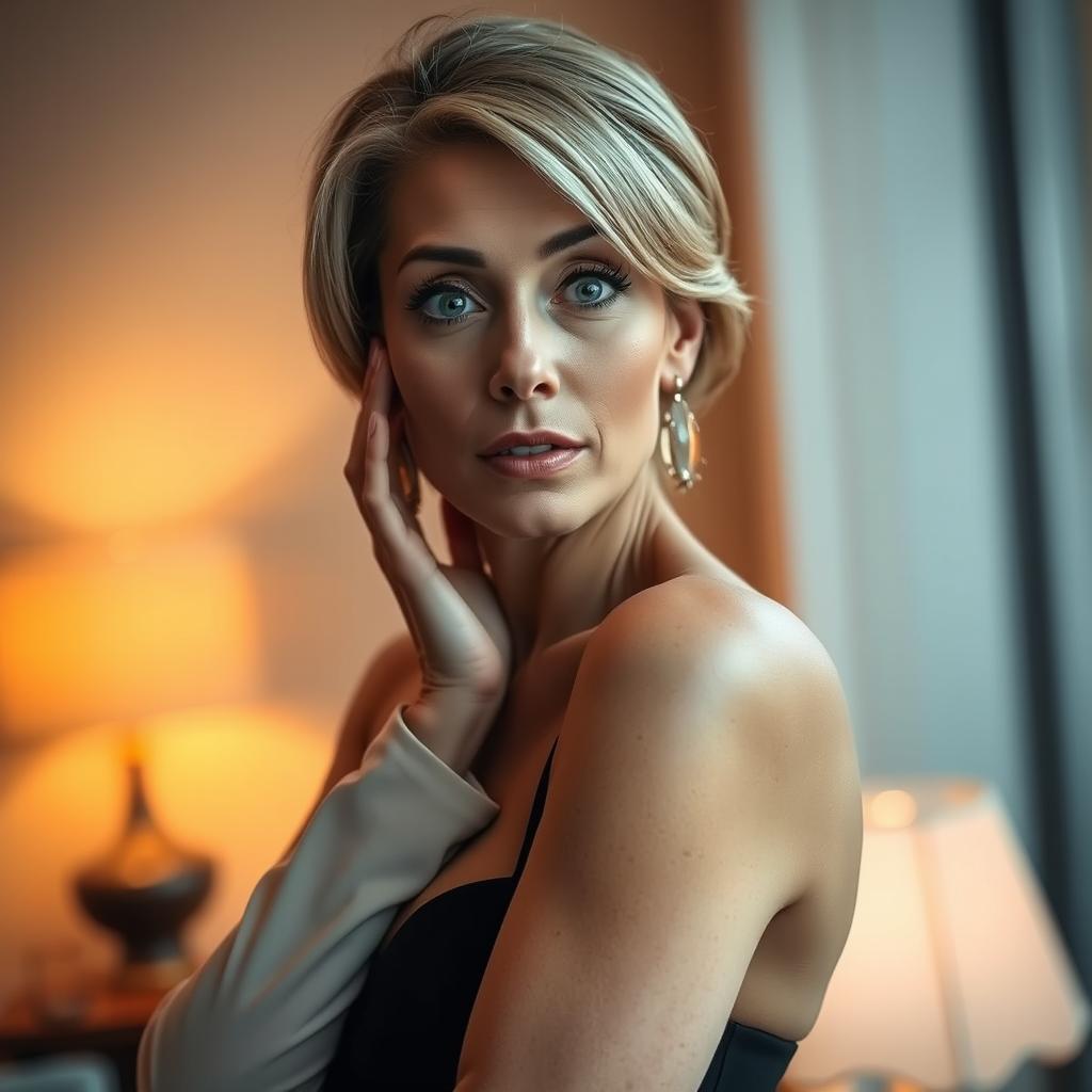 A beautiful 50-year-old woman with a surprised expression, looking directly at the camera