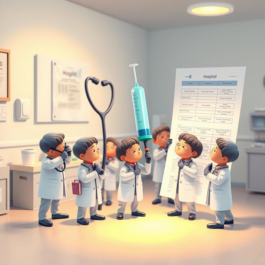 An illustration of a group of tiny figures dressed as doctors, interacting with oversized medical tools like a giant stethoscope, a huge syringe, and an enormous medical chart