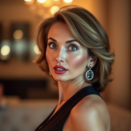 A gorgeous 50-year-old woman with a surprised expression, facing directly towards the camera