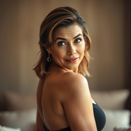 A gorgeous 50-year-old woman with a surprised expression, facing directly towards the camera