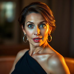 A gorgeous 50-year-old woman with a surprised expression, facing directly towards the camera