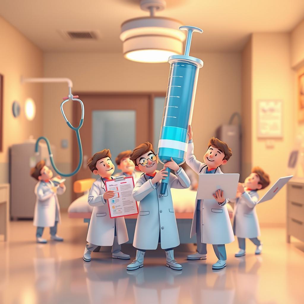 An illustration depicting a group of tiny doctor figures, energetically engaged in using oversized medical tools like a giant stethoscope, a massive syringe, and a large medical chart