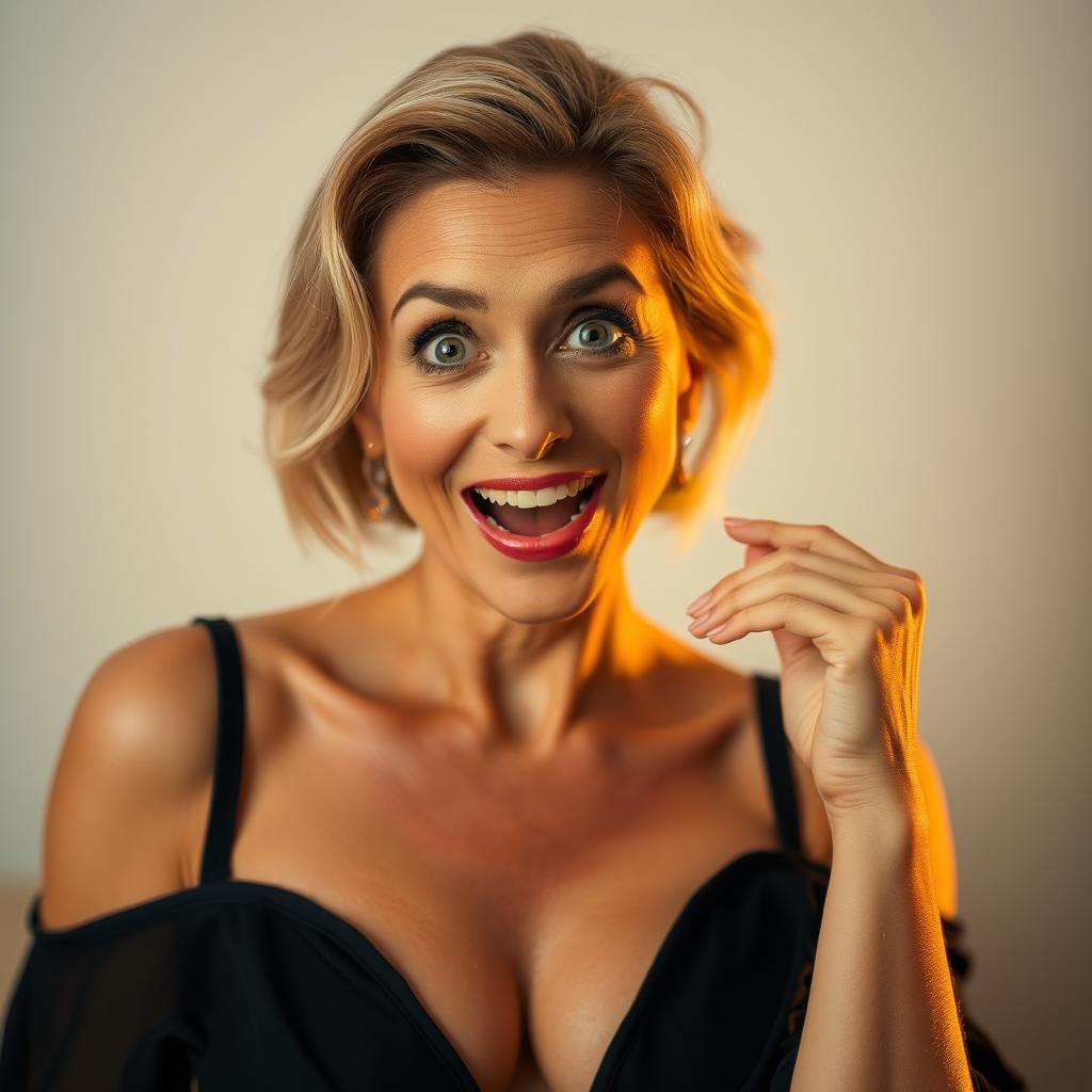 A stunning 50-year-old woman with a delighted and surprised expression, positioned directly facing the camera