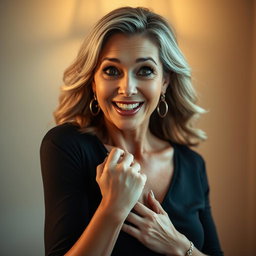 A stunning 50-year-old woman with a delighted and surprised expression, positioned directly facing the camera