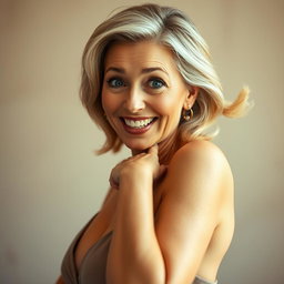 A stunning 50-year-old woman with a delighted and surprised expression, positioned directly facing the camera