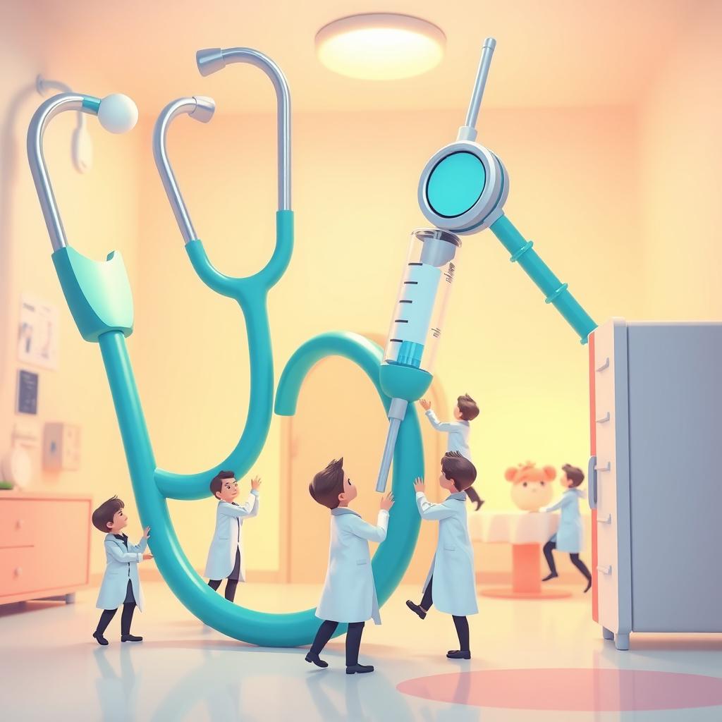 An illustration of huge medical tools, including a gigantic stethoscope, syringe, and medical chart, set in a cozy virtual hospital environment
