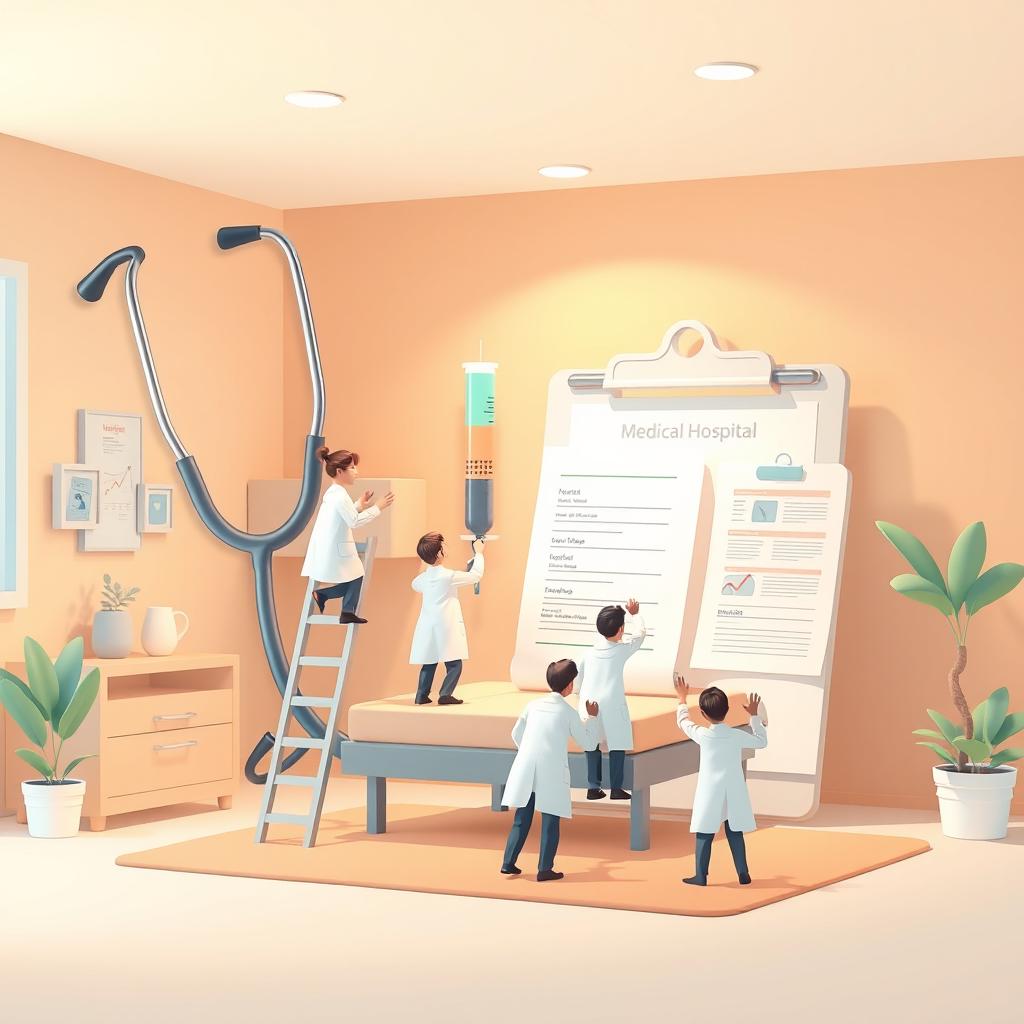 An illustration of a cozy virtual hospital setting featuring huge medical tools like a giant stethoscope, a syringe, and a medical chart