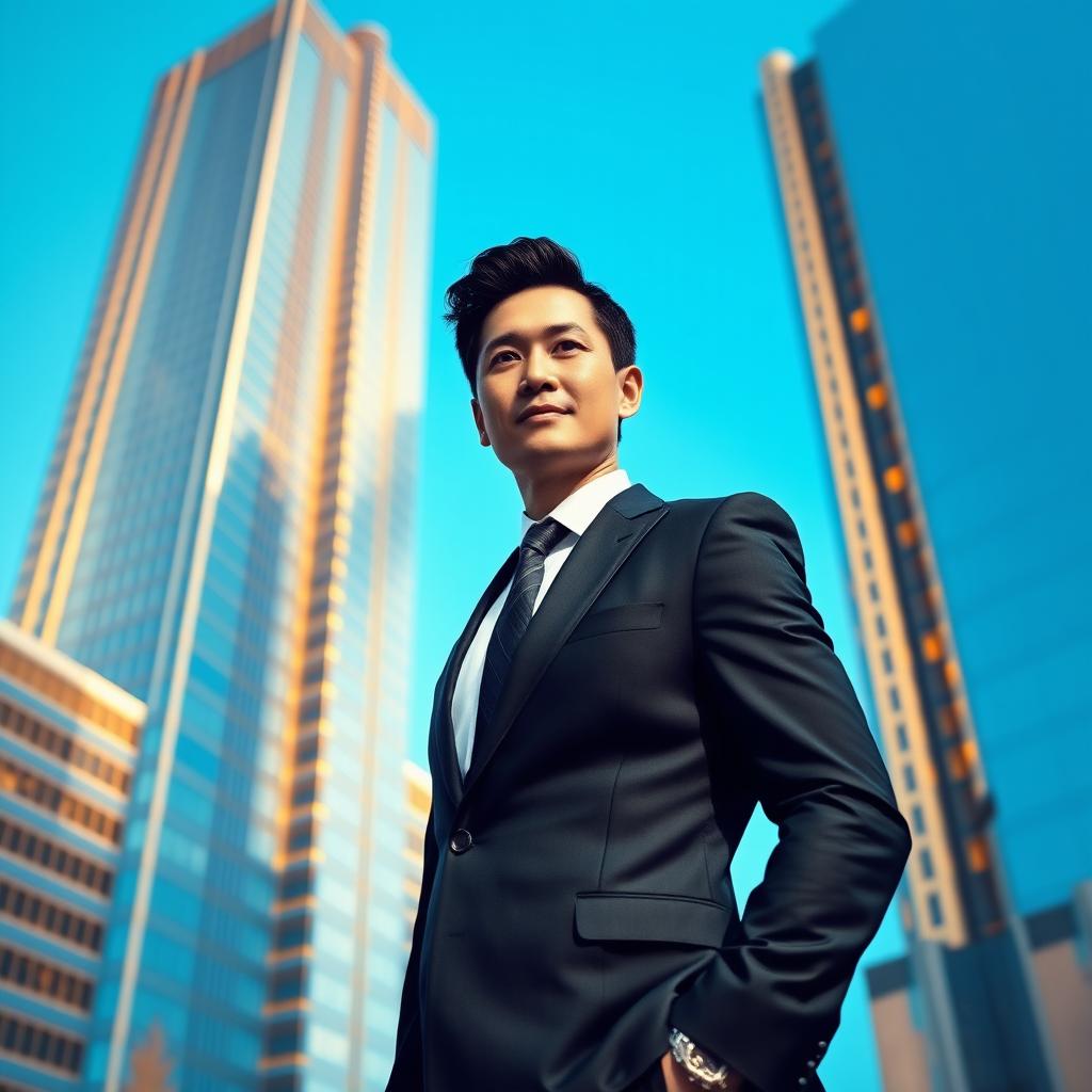 A charismatic leader dressed in a sleek black suit, standing confidently against a bright blue background