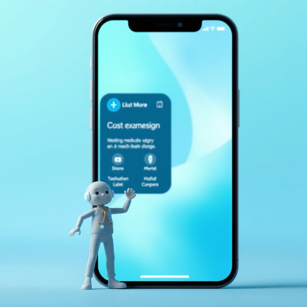 A giant smartphone displaying a sleek and modern medical app interface, accompanied by a tiny human figure joyfully tapping on the screen