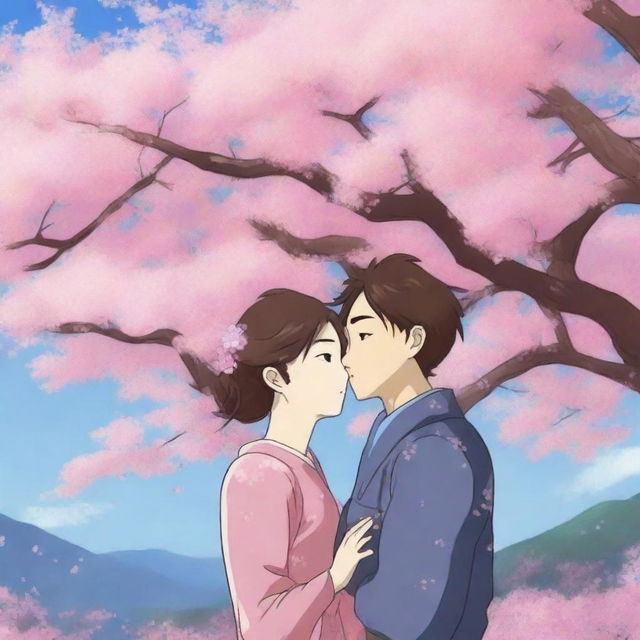 An anime-style digital art piece showcasing a cute couple, drawn in a charming Japanese animation style, sharing a tender kiss under a cherry blossom tree