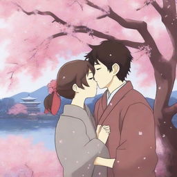 An anime-style digital art piece showcasing a cute couple, drawn in a charming Japanese animation style, sharing a tender kiss under a cherry blossom tree