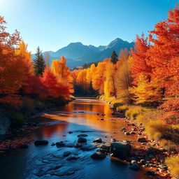 A stunning aesthetic artwork featuring a serene landscape, with vibrant autumn foliage in shades of orange, red, and gold