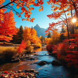 A stunning aesthetic artwork featuring a serene landscape, with vibrant autumn foliage in shades of orange, red, and gold