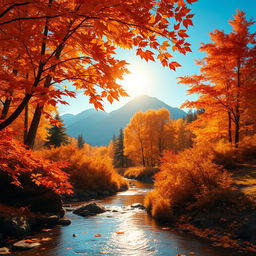 A stunning aesthetic artwork featuring a serene landscape, with vibrant autumn foliage in shades of orange, red, and gold