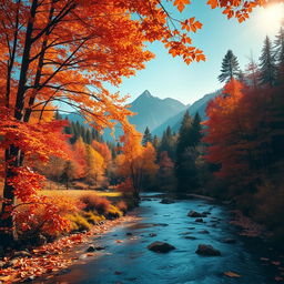 A stunning aesthetic artwork featuring a serene landscape, with vibrant autumn foliage in shades of orange, red, and gold
