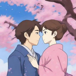 An anime-style digital art piece showcasing a cute couple, drawn in a charming Japanese animation style, sharing a tender kiss under a cherry blossom tree