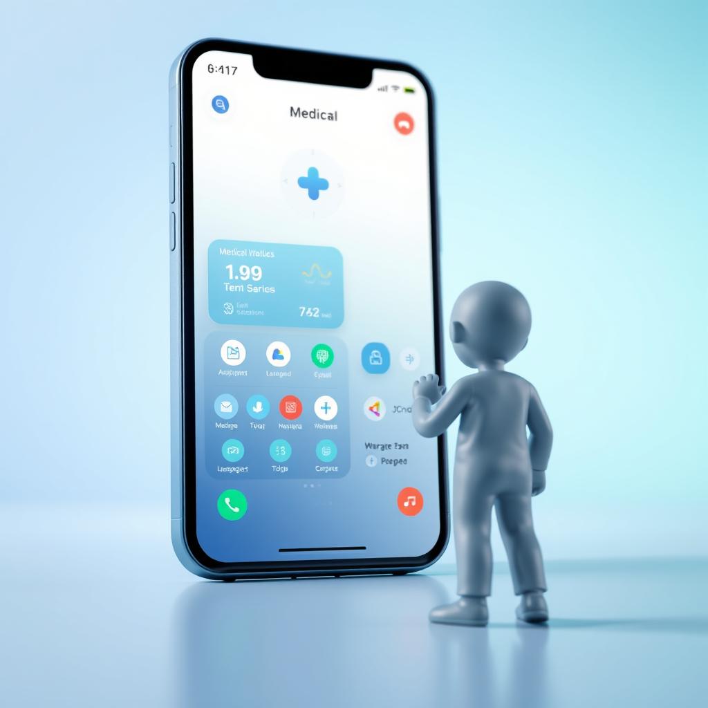 A giant smartphone displaying a detailed medical app interface, positioned next to a tiny human figure who is tapping on the screen from behind, with their face not visible