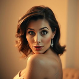 A stunning 50-year-old woman with an expression of surprise, facing directly towards the camera