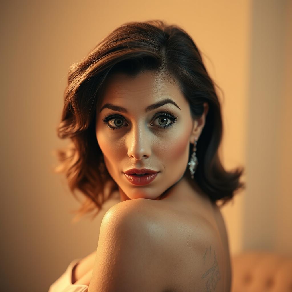 A stunning 50-year-old woman with an expression of surprise, facing directly towards the camera